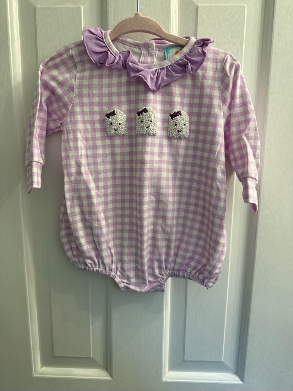 Smocked Flamingo Baby Girl Halloween Ghost Gingham Bubble Romper 6M